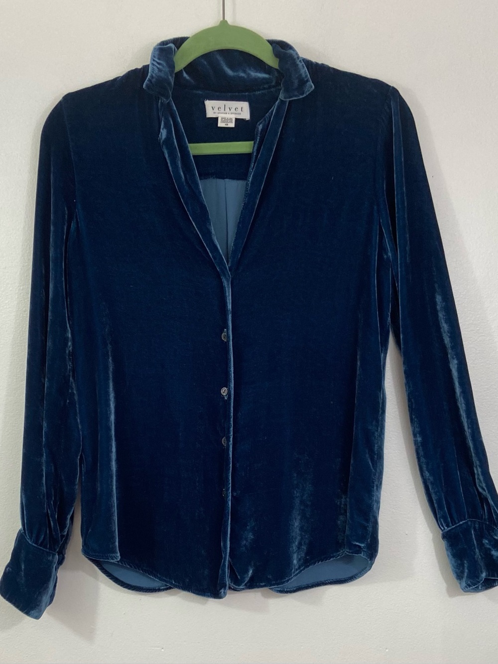 Velvet by Graham & Spencer Jensine Silk-Blend Crushed Velvet Top Blue XS Luxe